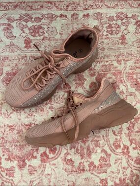 Women's Dusty Pink Knit Lace-Up Sneakers with Crystal Trim